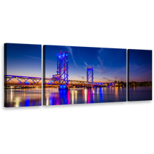 Load image into Gallery viewer, New Hampshire Canvas Wall Art, Orange Memorial City Bridge 3 Piece Canvas Print, Piscataqua River Blue Night Sky Triptych Multi Canvas
