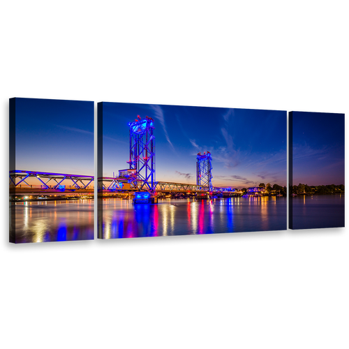 New Hampshire Canvas Wall Art, Orange Memorial City Bridge 3 Piece Canvas Print, Piscataqua River Blue Night Sky Triptych Multi Canvas