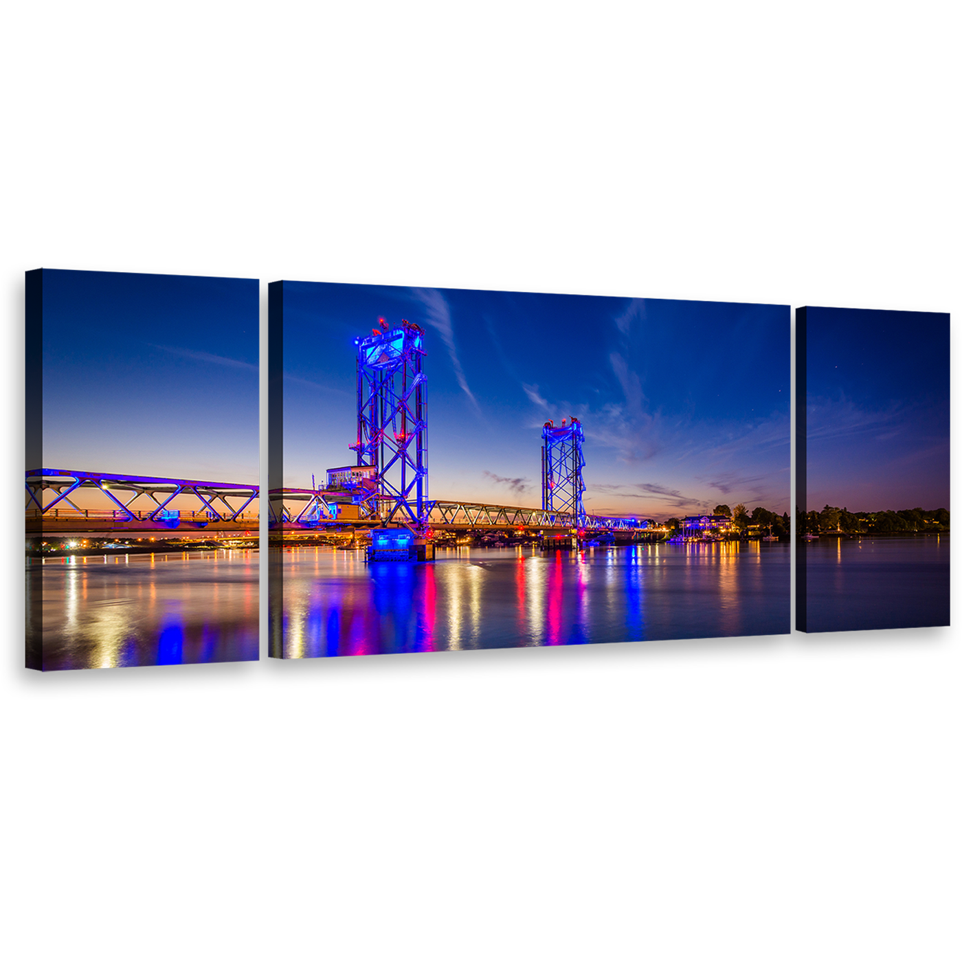 New Hampshire Canvas Wall Art, Orange Memorial City Bridge 3 Piece Canvas Print, Piscataqua River Blue Night Sky Triptych Multi Canvas