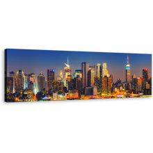 Load image into Gallery viewer, New York Canvas Print, Blue Midtown Manhattan Night Cityscape Canvas Artwork, Yellow New York City Lights Panoramic Canvas Wall Art
