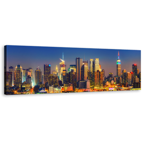 New York Canvas Print, Blue Midtown Manhattan Night Cityscape Canvas Artwork, Yellow New York City Lights Panoramic Canvas Wall Art