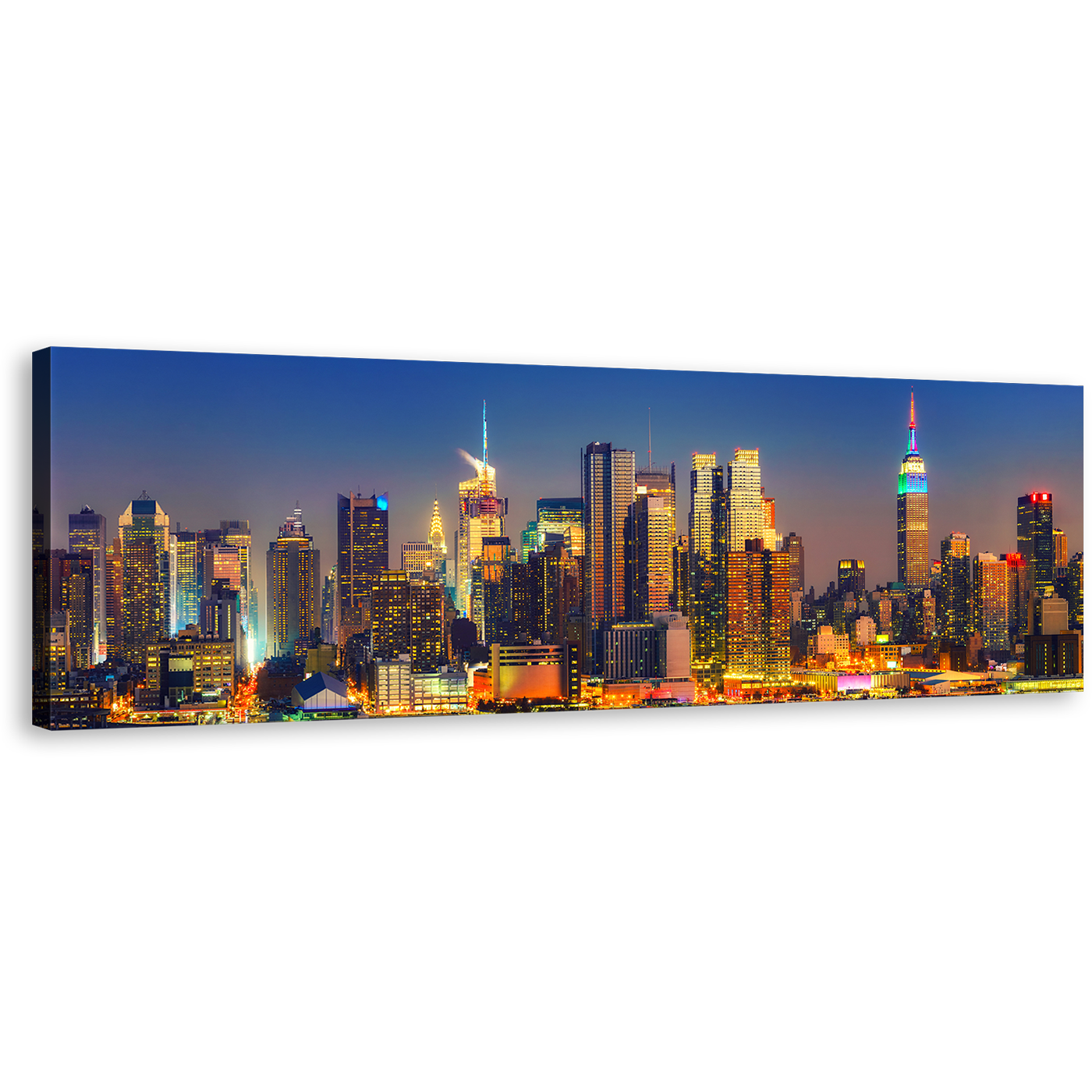 New York Canvas Print, Blue Midtown Manhattan Night Cityscape Canvas Artwork, Yellow New York City Lights Panoramic Canvas Wall Art