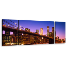 Load image into Gallery viewer, New York Canvas Print, Blue Sky Freedom Tower Night 3 Piece Multi Canvas, Brown Brooklyn Bridge Cityscape Canvas Wall Art, Manhattan Skyline Canvas Set
