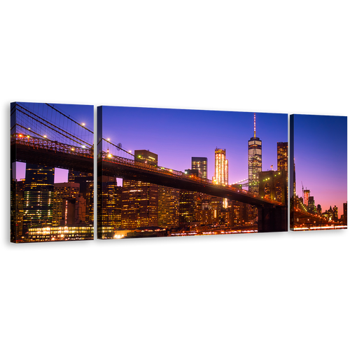 New York Canvas Print, Blue Sky Freedom Tower Night 3 Piece Multi Canvas, Brown Brooklyn Bridge Cityscape Canvas Wall Art, Manhattan Skyline Canvas Set