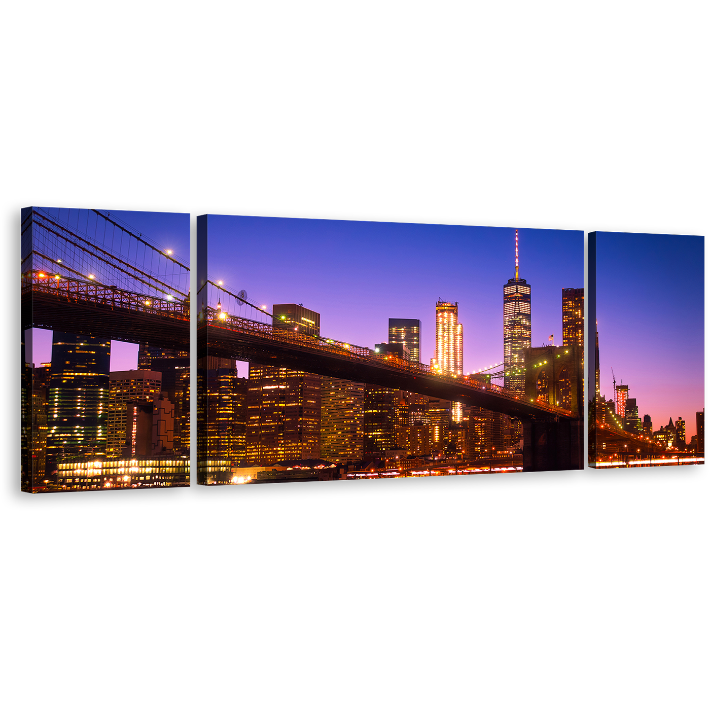 New York Canvas Print, Blue Sky Freedom Tower Night 3 Piece Multi Canvas, Brown Brooklyn Bridge Cityscape Canvas Wall Art, Manhattan Skyline Canvas Set