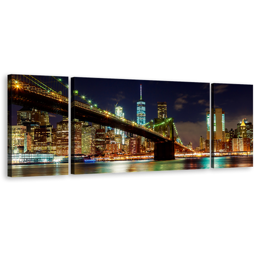 New York Canvas Print, Blue Sky NYC River Reflection 3 Piece Multiple Canvas, Colorful Manhattan Skyline Brooklyn Bridge Canvas Wall Art