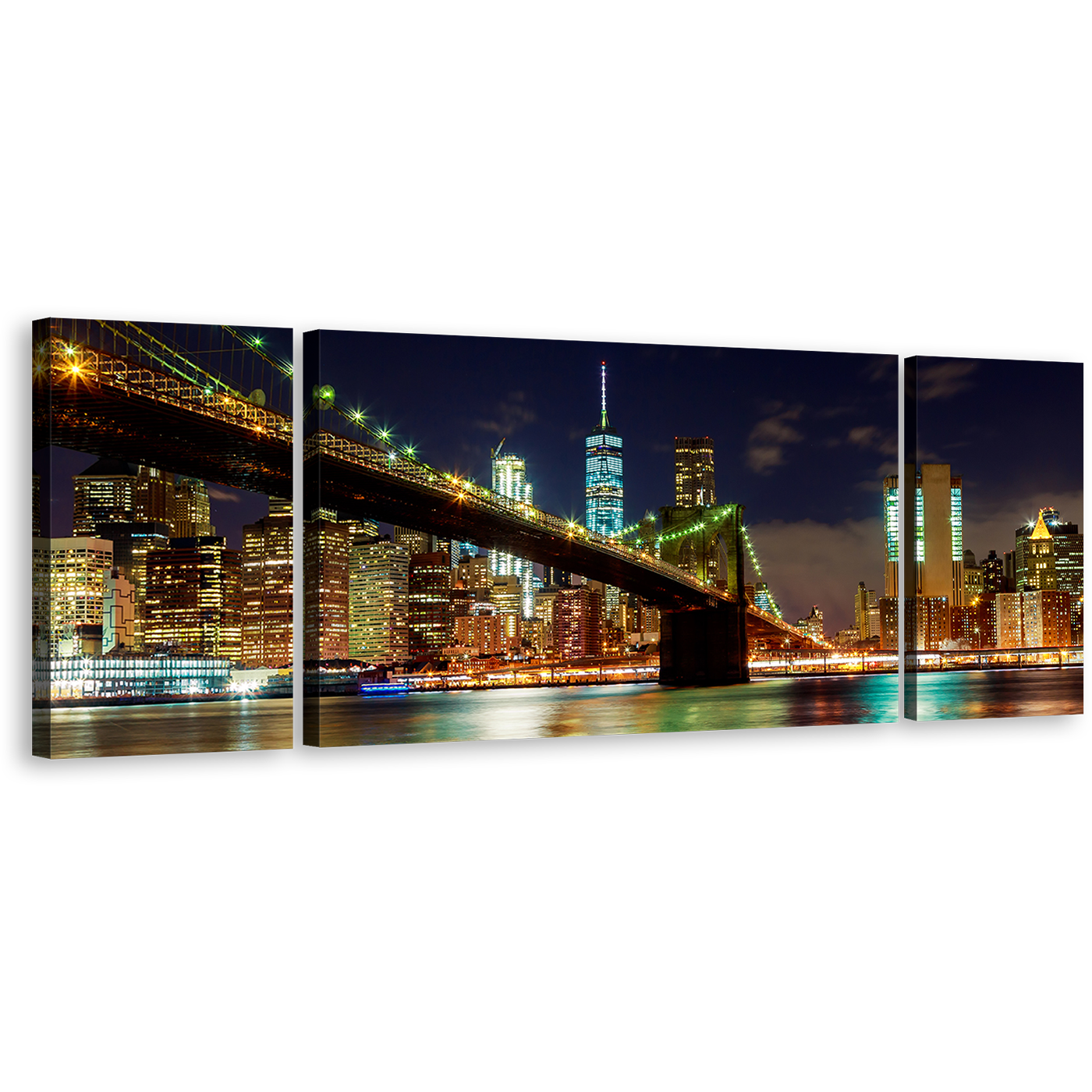 New York Canvas Print, Blue Sky NYC River Reflection 3 Piece Multiple Canvas, Colorful Manhattan Skyline Brooklyn Bridge Canvas Wall Art