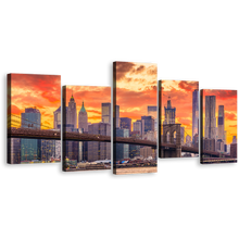 Load image into Gallery viewer, New York Canvas Print, Brown Brooklyn Bridge 5 Piece Canvas Wall Art, Yellow Orange Manhattan Skyline Multi Canvas Artwork
