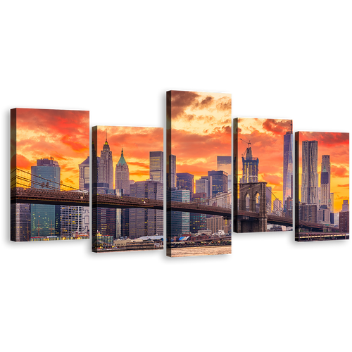 New York Canvas Print, Brown Brooklyn Bridge 5 Piece Canvas Wall Art, Yellow Orange Manhattan Skyline Multi Canvas Artwork