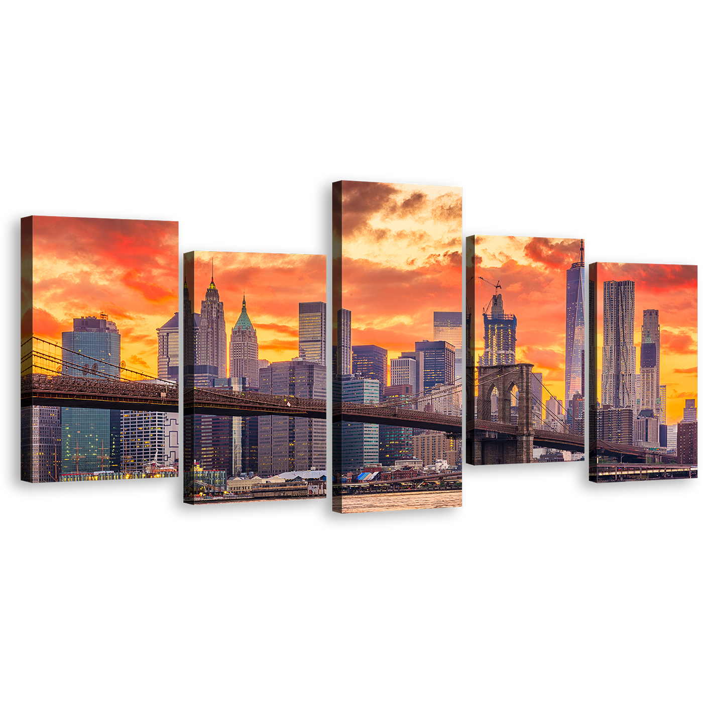 New York Canvas Print, Brown Brooklyn Bridge 5 Piece Canvas Wall Art, Yellow Orange Manhattan Skyline Multi Canvas Artwork