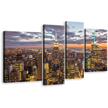 Load image into Gallery viewer, New York Canvas Print, Dramatic Cloudy Grey Sky Cityscape 4 Piece Canvas Wall Art, Empire State Building Canvas Set, Yellow City Skyline Multiple Canvas
