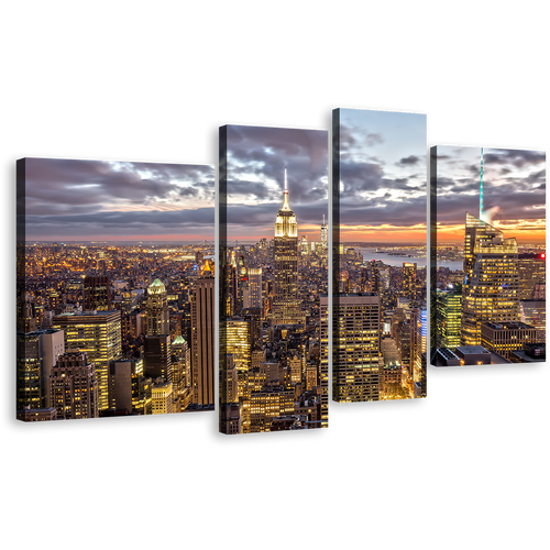 New York Canvas Print, Dramatic Cloudy Grey Sky Cityscape 4 Piece Canvas Wall Art, Empire State Building Canvas Set, Yellow City Skyline Multiple Canvas