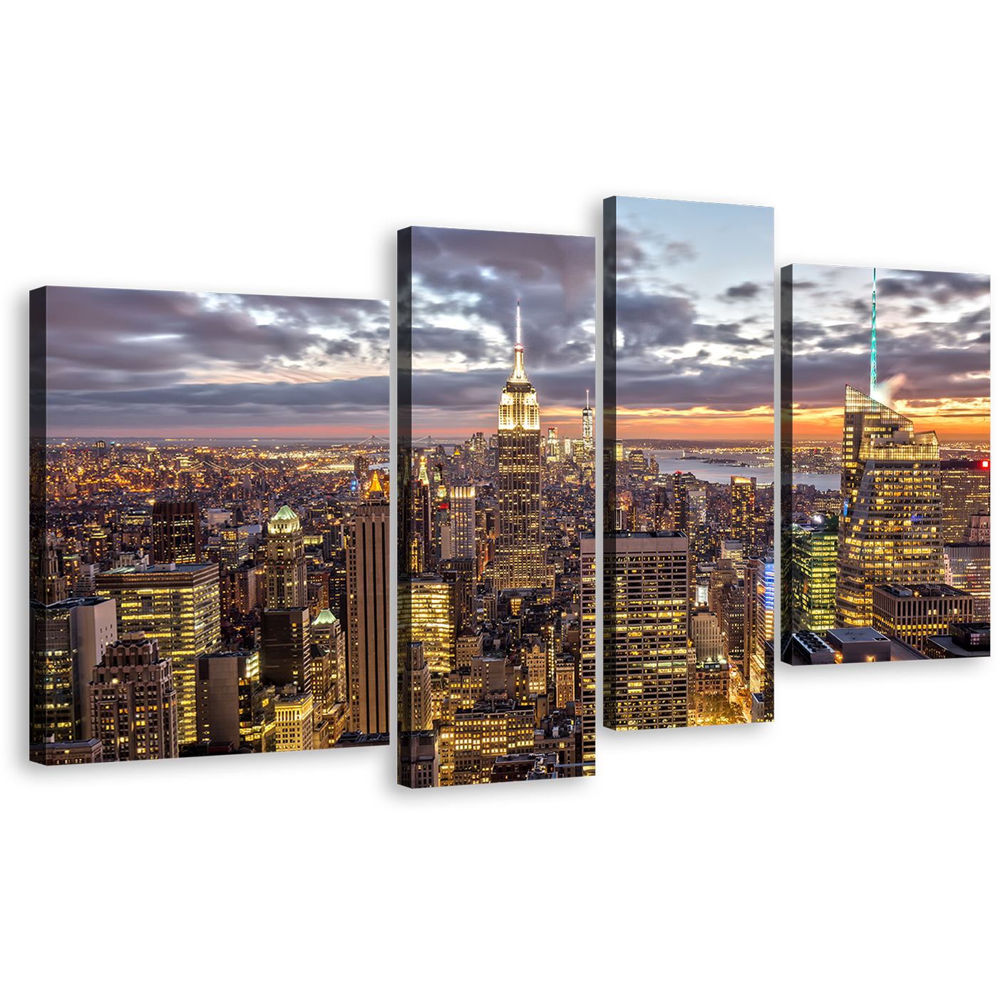 New York Canvas Print, Dramatic Cloudy Grey Sky Cityscape 4 Piece Canvas Wall Art, Empire State Building Canvas Set, Yellow City Skyline Multiple Canvas