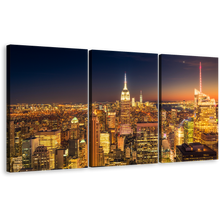 Load image into Gallery viewer, New York Canvas Print, NYC Midtown at Night 3 Piece Canvas Wall Art, Yellow Manhattan City Lights Canvas Set, Orange Sky New York City Multi Canvas
