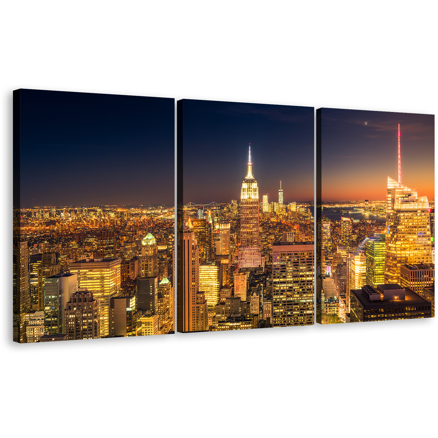 New York Canvas Print, NYC Midtown at Night 3 Piece Canvas Wall Art, Yellow Manhattan City Lights Canvas Set, Orange Sky New York City Multi Canvas