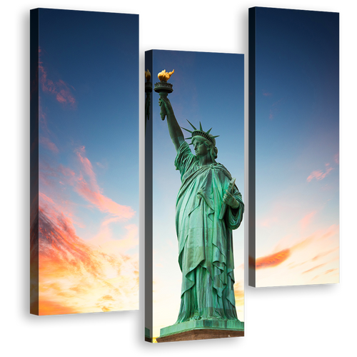 New York Canvas Print, Statue of Liberty Green Monument 3 Piece Canvas, Lady Liberty Blue Sky Canvas Wall Art