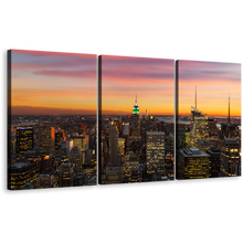 Load image into Gallery viewer, New York Canvas Wall Art, Beautiful Grey Manhattan Skyline Canvas Print, Canada City Lights Yellow Sky 3 Piece Canvas
