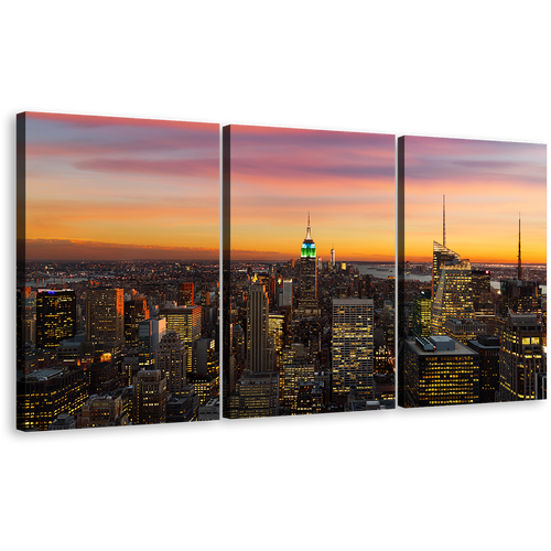 New York Canvas Wall Art, Beautiful Grey Manhattan Skyline Canvas Print, Canada City Lights Yellow Sky 3 Piece Canvas