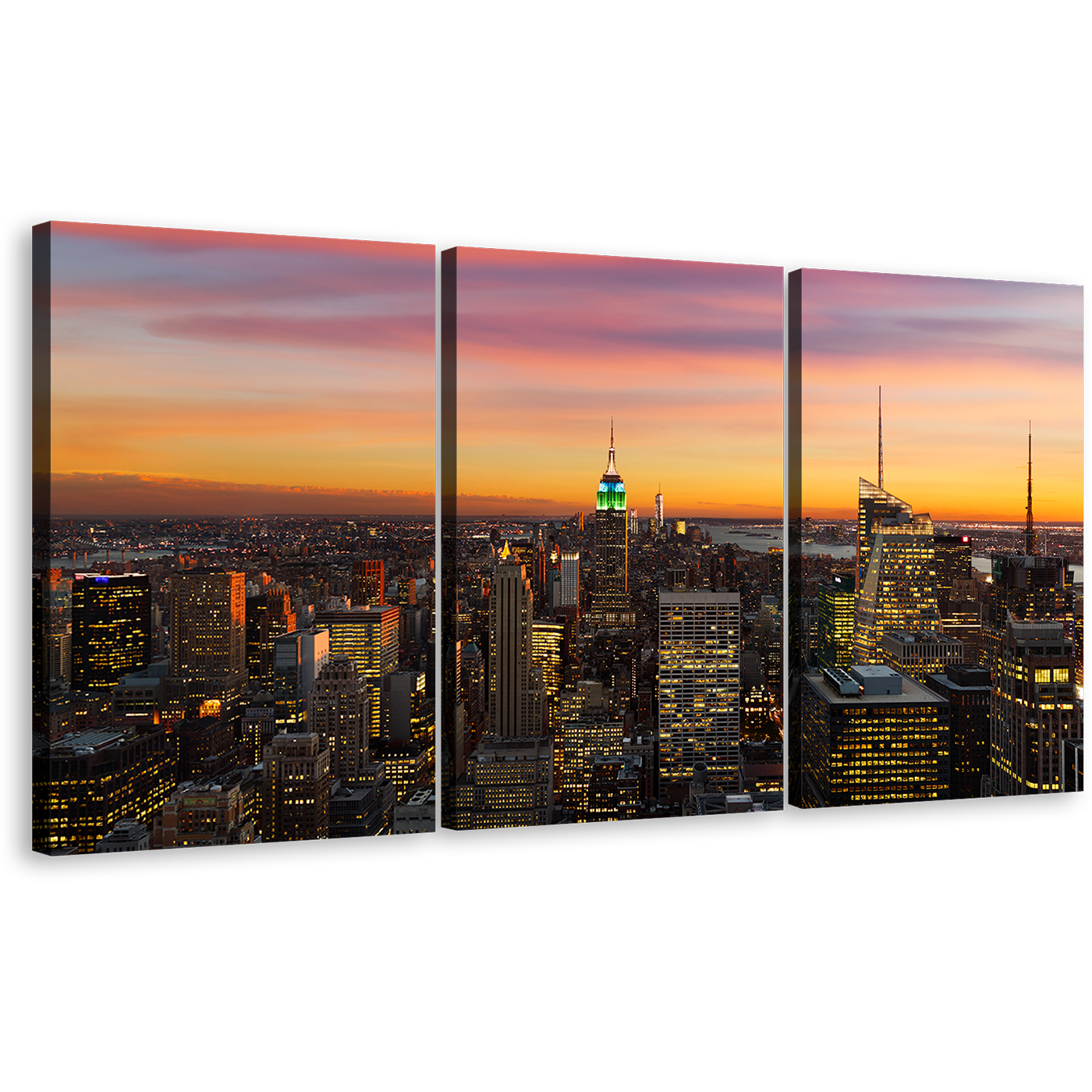 New York Canvas Wall Art, Beautiful Grey Manhattan Skyline Canvas Print, Canada City Lights Yellow Sky 3 Piece Canvas