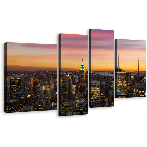 New York Canvas Wall Art, Beautiful Grey Midtown Manhattan Skyline Canvas Print, Yellow Sky NYC Cityscape 4 Piece Multiple Canvas