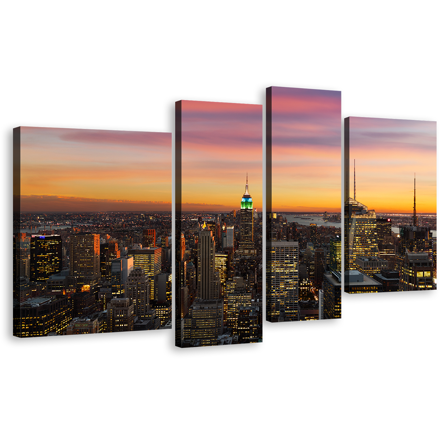 New York Canvas Wall Art, Beautiful Grey Midtown Manhattan Skyline Canvas Print, Yellow Sky NYC Cityscape 4 Piece Multiple Canvas