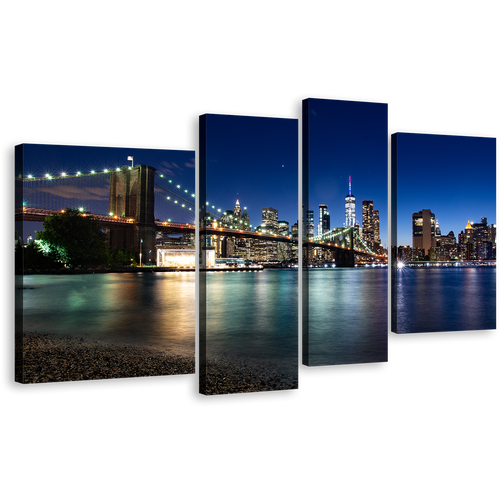 New York Canvas Wall Art, Beautiful NYC Night 4 Piece Canvas, Blue Sky Brooklyn Bridge Canvas Print, Black Manhattan Cityscape Multiple Canvas