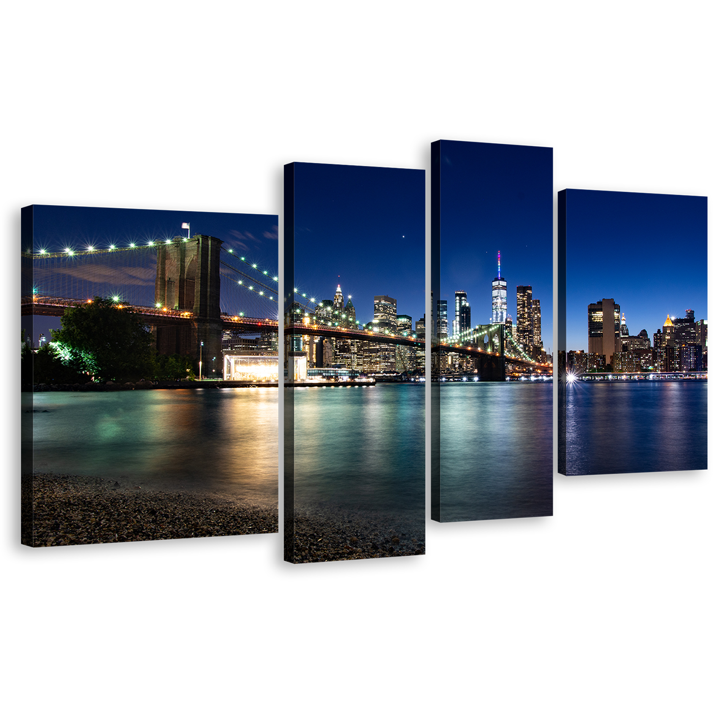 New York Canvas Wall Art, Beautiful NYC Night 4 Piece Canvas, Blue Sky Brooklyn Bridge Canvas Print, Black Manhattan Cityscape Multiple Canvas