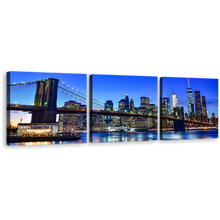 Load image into Gallery viewer, New York Canvas Wall Art, Blue Sky Manhattan Cityscape 3 Piece Canvas Set, Black Brooklyn Bridge Triptych Canvas Print
