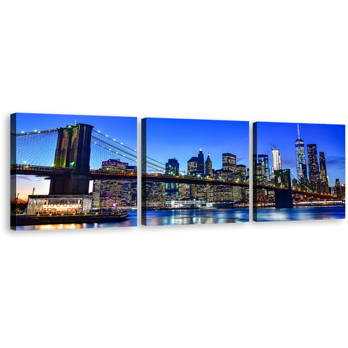 New York Canvas Wall Art, Blue Sky Manhattan Cityscape 3 Piece Canvas Set, Black Brooklyn Bridge Triptych Canvas Print