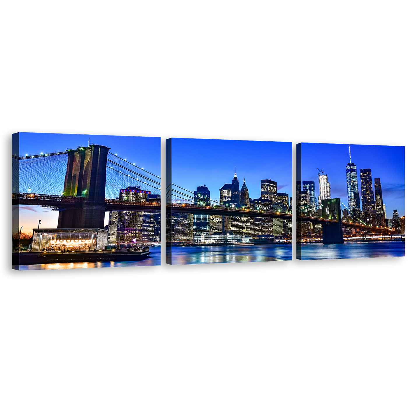 New York Canvas Wall Art, Blue Sky Manhattan Cityscape 3 Piece Canvas Set, Black Brooklyn Bridge Triptych Canvas Print