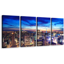 Load image into Gallery viewer, Manhattan Cityscape Canvas Wall Art, Dramatic Blue Sky Multi Canvas, NYC Skyline Aerial View Canvas Print, Yellow New York City Lights 4 Piece Canvas
