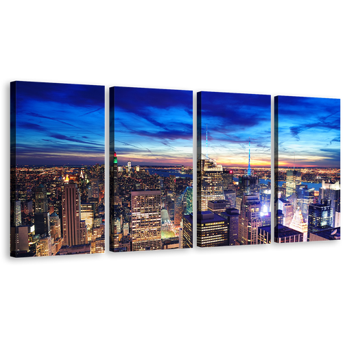 Manhattan Cityscape Canvas Wall Art, Dramatic Blue Sky Multi Canvas, NYC Skyline Aerial View Canvas Print, Yellow New York City Lights 4 Piece Canvas