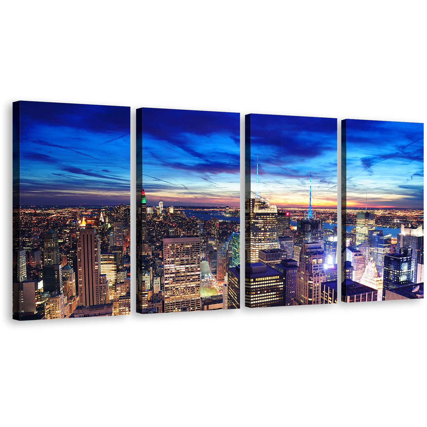 Manhattan Cityscape Canvas Wall Art, Dramatic Blue Sky Multi Canvas, NYC Skyline Aerial View Canvas Print, Yellow New York City Lights 4 Piece Canvas