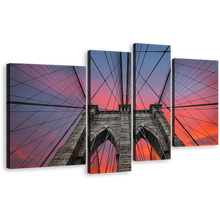 Load image into Gallery viewer, New York Canvas Wall Art, Brooklyn Bridge At Sunset 4 Piece Canvas Print, Beautiful Orange Grey Sky Multiple Canvas
