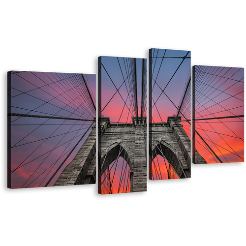 New York Canvas Wall Art, Brooklyn Bridge At Sunset 4 Piece Canvas Print, Beautiful Orange Grey Sky Multiple Canvas