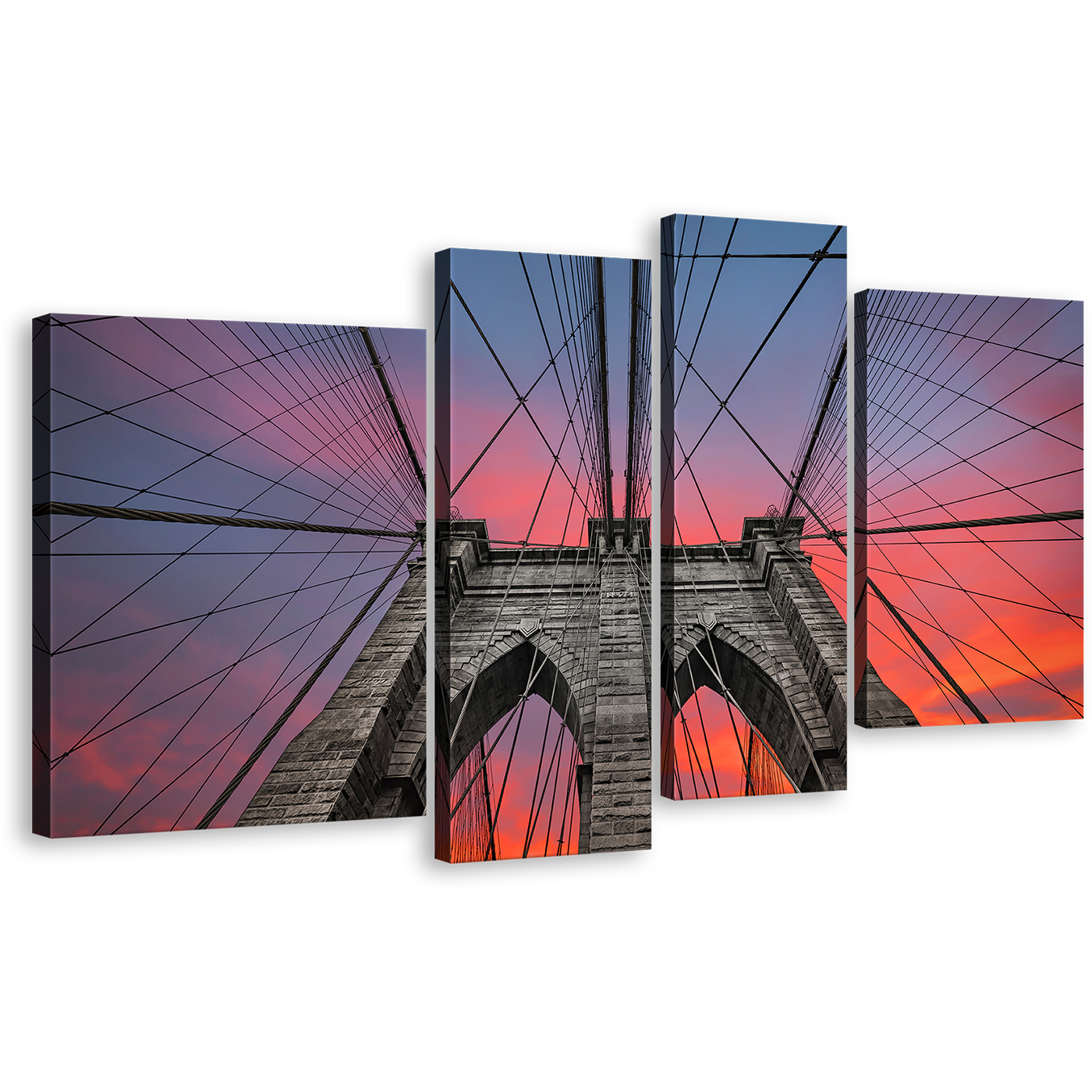 New York Canvas Wall Art, Brooklyn Bridge At Sunset 4 Piece Canvas Print, Beautiful Orange Grey Sky Multiple Canvas