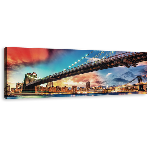 New York Canvas Wall Art, Brooklyn Bridge Blue Red Sky 1 Piece Canvas Artwork, Manhattan Bridge Canvas Print