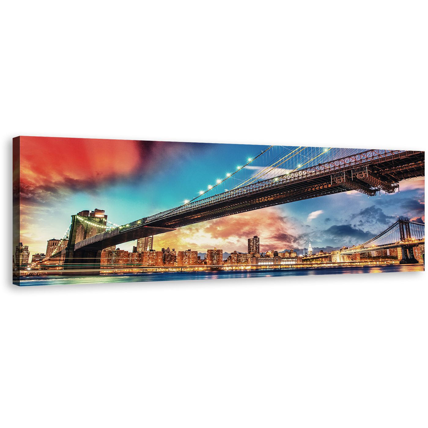 New York Canvas Wall Art, Brooklyn Bridge Blue Red Sky 1 Piece Canvas Artwork, Manhattan Bridge Canvas Print