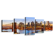 Load image into Gallery viewer, New York Canvas Wall Art, Brooklyn Bridge at Blue Sky 5 Piece Canvas Print, Brown Manhattan Cityscape Multiple Canvas
