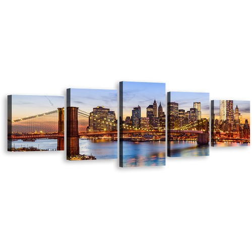 New York Canvas Wall Art, Brooklyn Bridge at Blue Sky 5 Piece Canvas Print, Brown Manhattan Cityscape Multiple Canvas