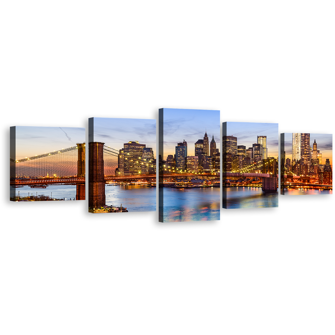 New York Canvas Wall Art, Brooklyn Bridge at Blue Sky 5 Piece Canvas Print, Brown Manhattan Cityscape Multiple Canvas