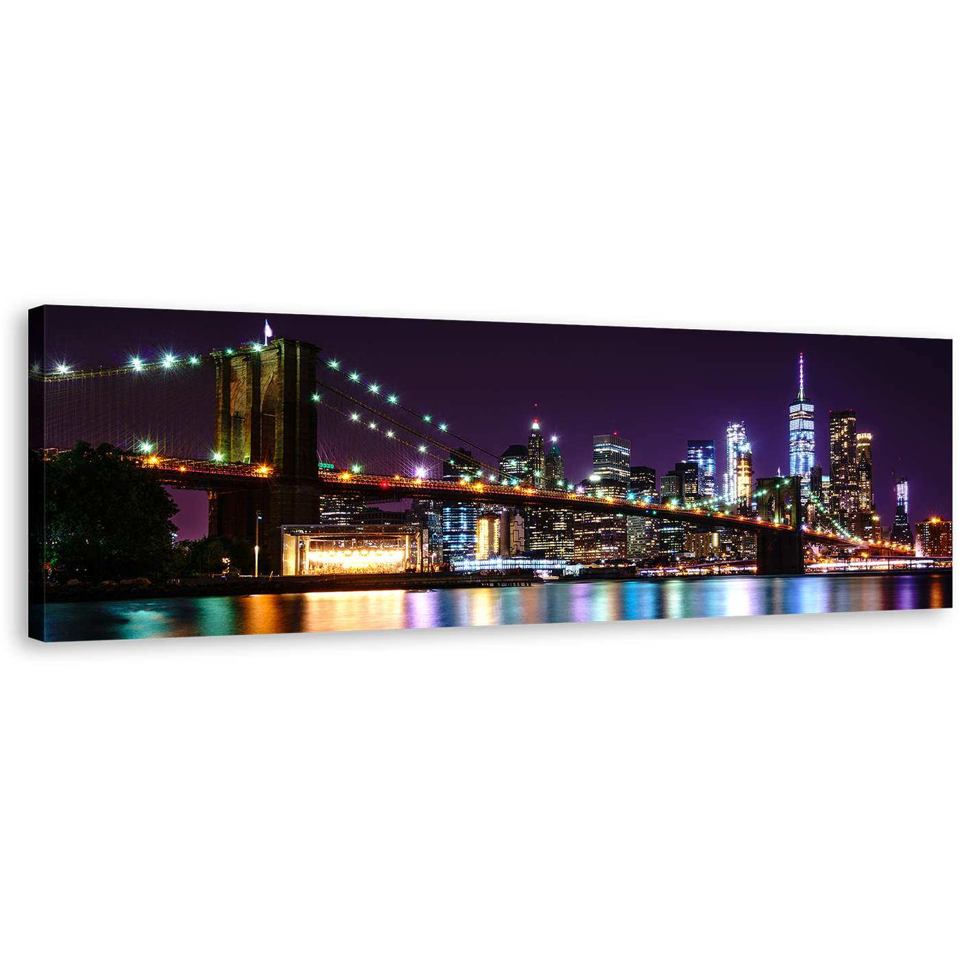 New York Canvas Wall Art, Brooklyn Bridge at Purple Sky 1 Piece Canvas Print, Colorful Manhattan Cityscape Canvas Artwork