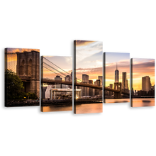 Load image into Gallery viewer, New York Canvas Wall Art, Brown Brooklyn Bridge Park 5 Piece Multi Canvas, Manhattan Yellow Sunset Canvas Print, NYC View From Brooklyn Canvas Set
