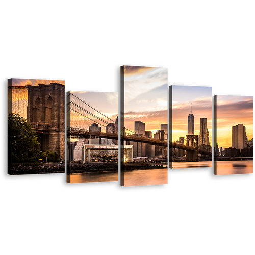 New York Canvas Wall Art, Brown Brooklyn Bridge Park 5 Piece Multi Canvas, Manhattan Yellow Sunset Canvas Print, NYC View From Brooklyn Canvas Set