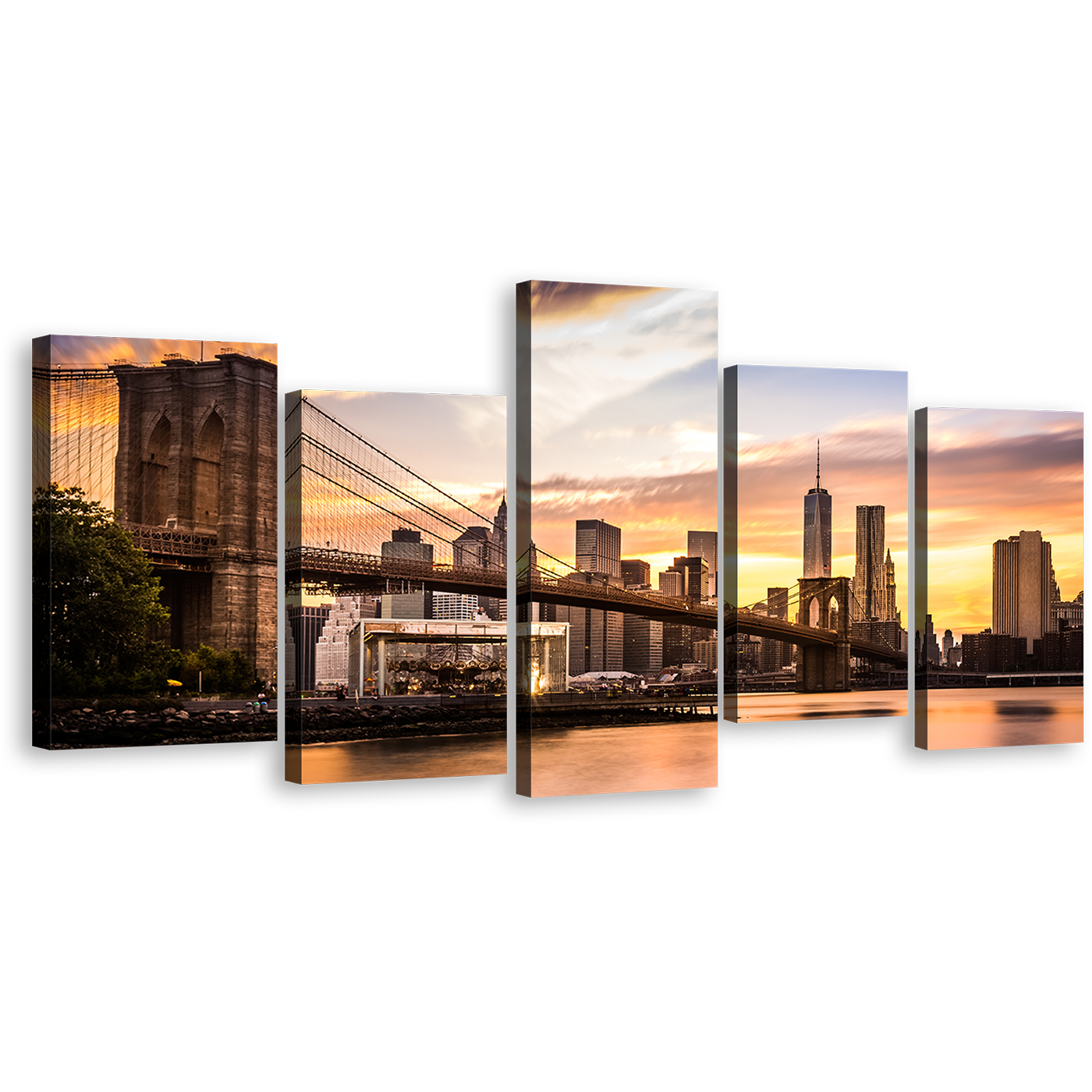 New York Canvas Wall Art, Brown Brooklyn Bridge Park 5 Piece Multi Canvas, Manhattan Yellow Sunset Canvas Print, NYC View From Brooklyn Canvas Set