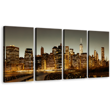 Load image into Gallery viewer, New York Canvas Wall Art, Grey Sky Manhattan Downtown Cityscape 4 Piece Canvas, Brown City Skyline Canvas Print
