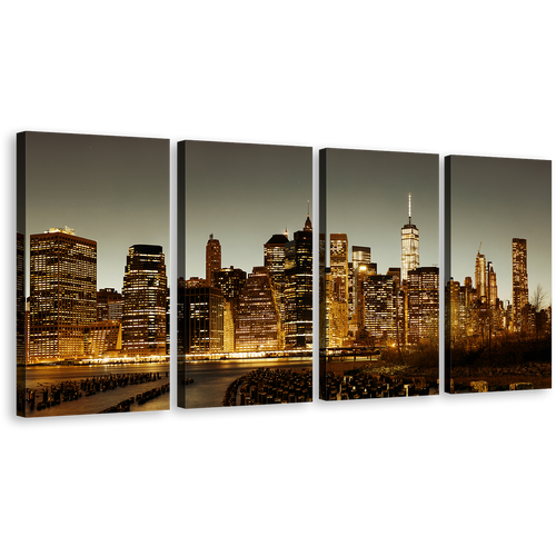 New York Canvas Wall Art, Grey Sky Manhattan Downtown Cityscape 4 Piece Canvas, Brown City Skyline Canvas Print