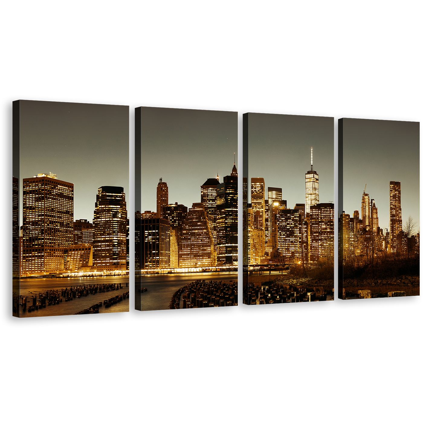 New York Canvas Wall Art, Grey Sky Manhattan Downtown Cityscape 4 Piece Canvas, Brown City Skyline Canvas Print