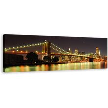 Load image into Gallery viewer, New York Canvas Wall Art, Grey Sky New York Skyline Panoramic Canvas Artwork, Brooklyn Bridge Illuminated at night Canvas Set, Yellow City Bridge Lights Canvas Print
