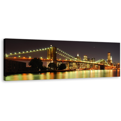 New York Canvas Wall Art, Grey Sky New York Skyline Panoramic Canvas Artwork, Brooklyn Bridge Illuminated at night Canvas Set, Yellow City Bridge Lights Canvas Print